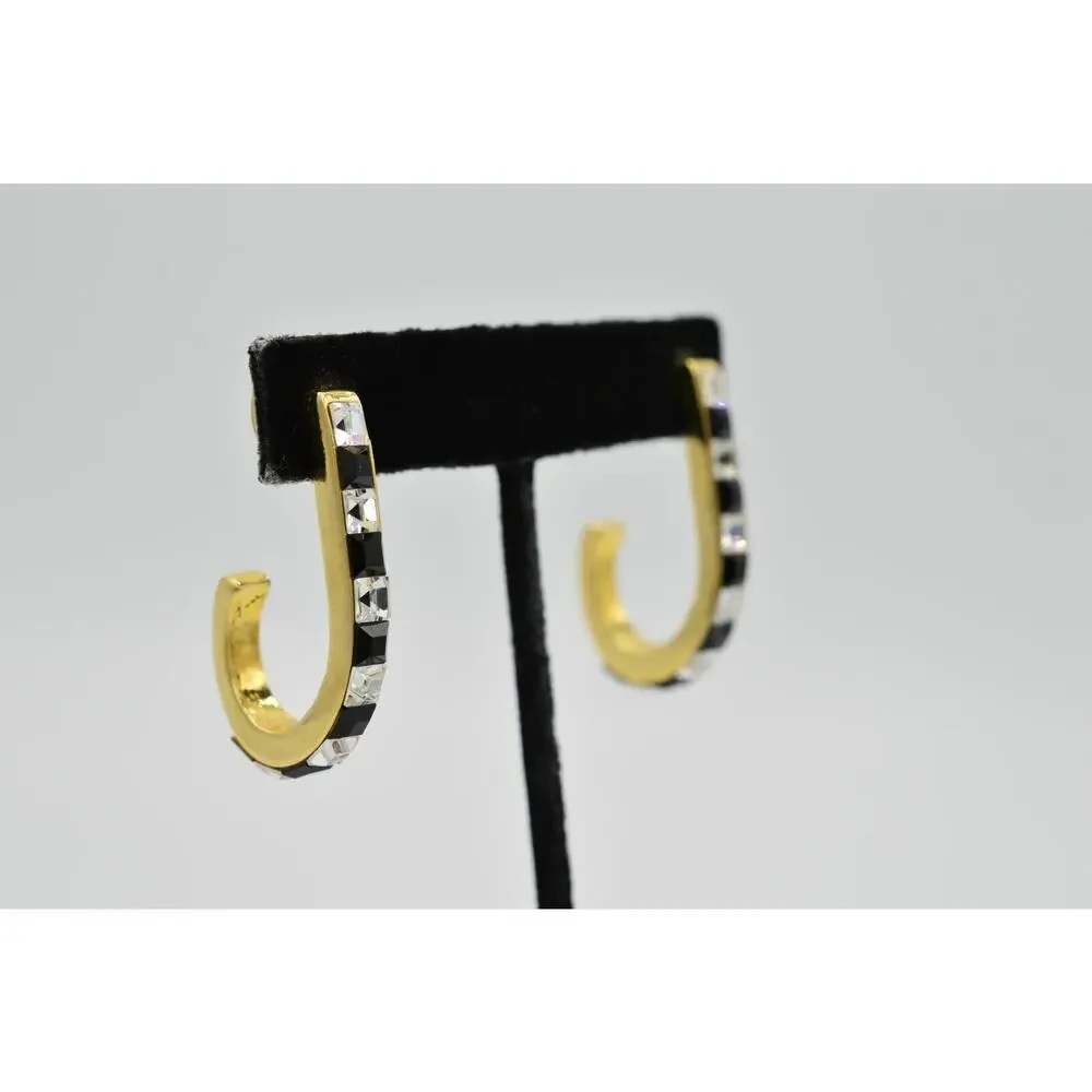 Vintage Crystal Earrings Gold Black Clear Square Rhinestone Gold Tone 1980s 9L